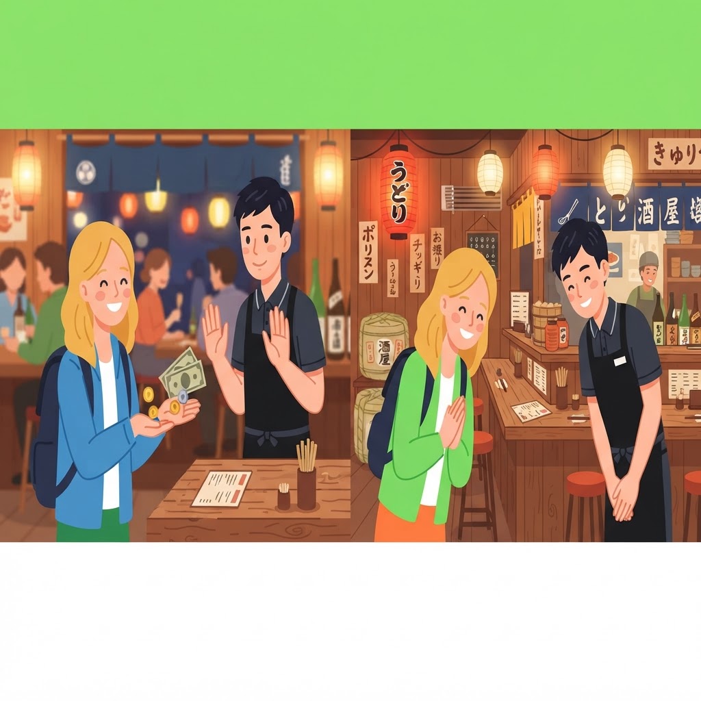 Tipping in Japan: a foreigner tries to tip a Japanese waiter who politely declines