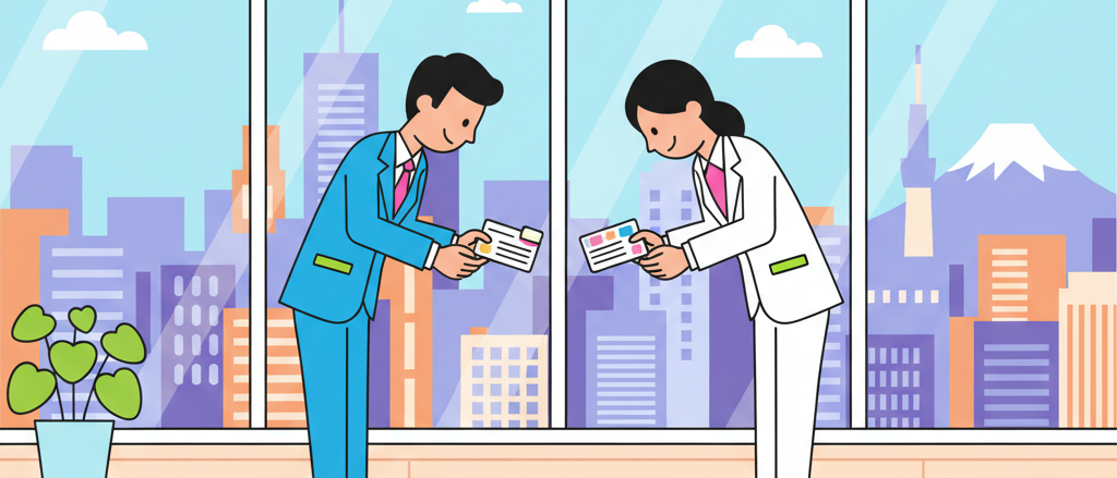 Japanese business card exchange with both hands in a modern Tokyo office