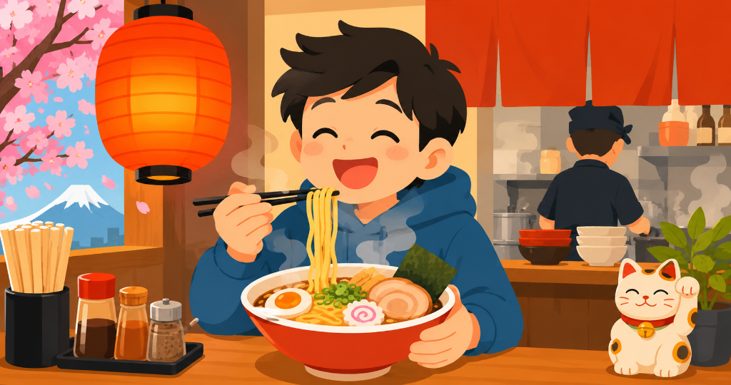 A happy person eating ramen at a Japanese ramen shop