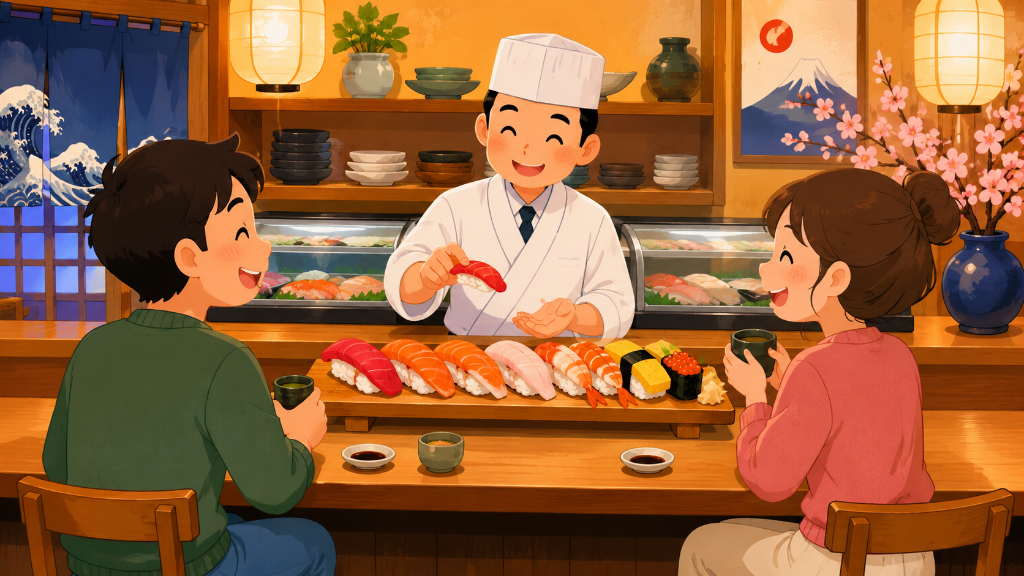 A friendly sushi chef serving nigiri to happy customers at a traditional sushi bar
