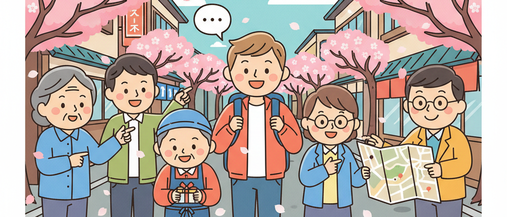 Emergency Phrases illustration — foreign traveler asking for help in Japan