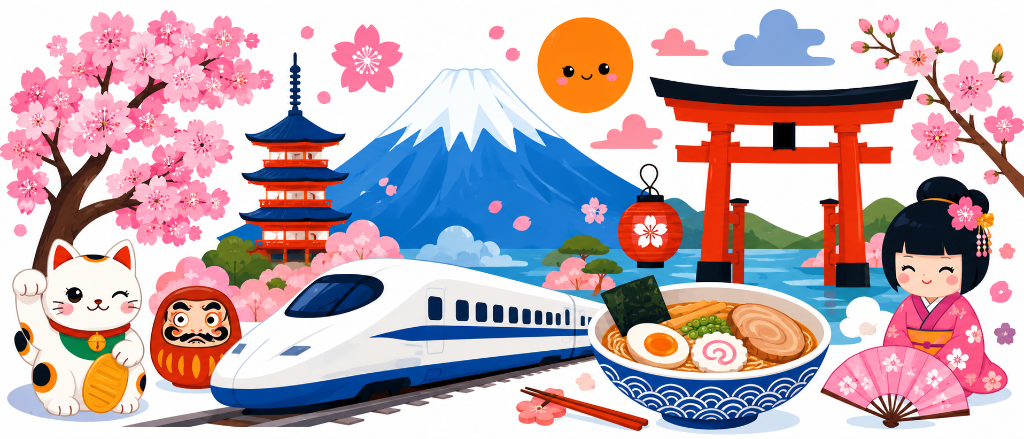 Japan Manners Guide illustration: Mount Fuji, torii gate, shinkansen, ramen, cherry blossoms