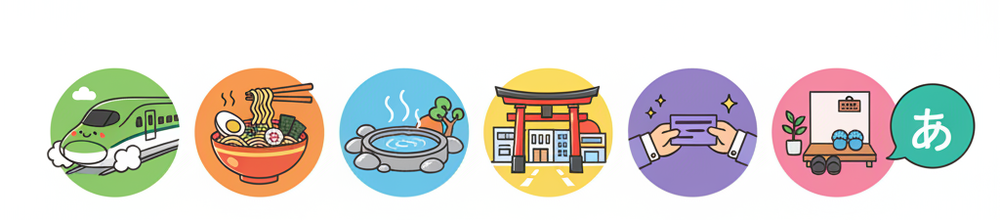 Eight Japan Manners categories: Transport, Dining, Onsen, Shrine, Business, Public Space, Shoes, Emergency