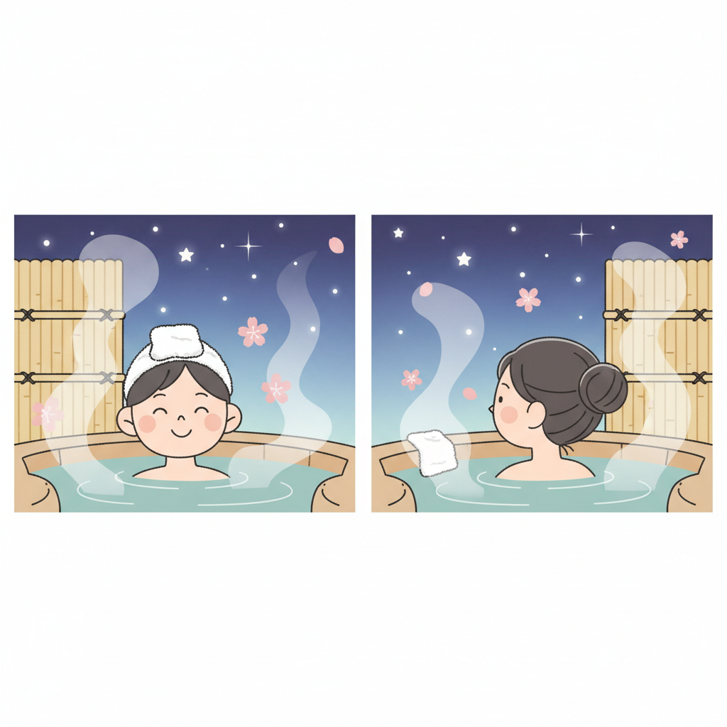 Onsen towel etiquette: keep small towel on head, don't let it touch the water