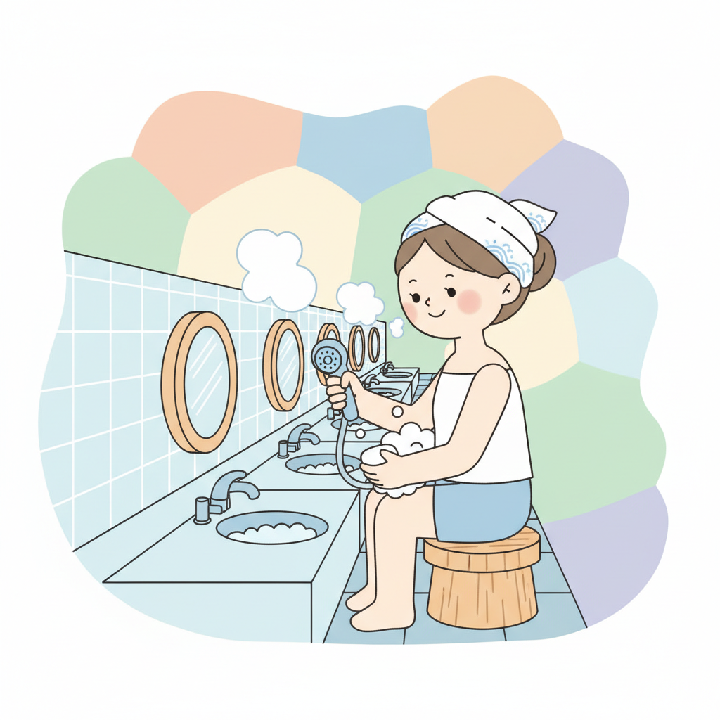 Onsen washing station: wash thoroughly before entering the bath