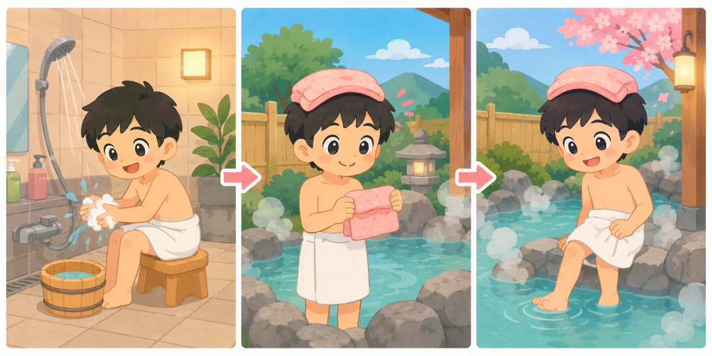 3-panel illustration: step 1 wash at shower station, step 2 fold towel on head, step 3 carefully enter the onsen