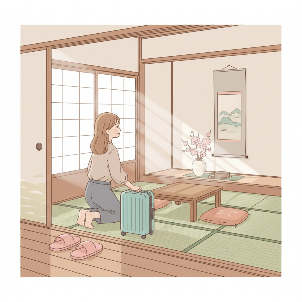 Tatami room rules: no shoes, no luggage on tatami, walk gently
