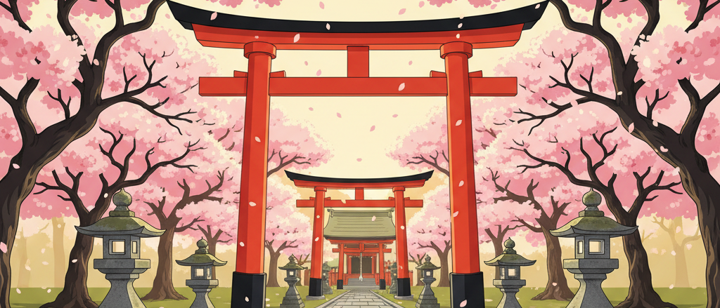 A beautiful Japanese Shinto shrine pathway with vermilion torii gate and cherry blossoms