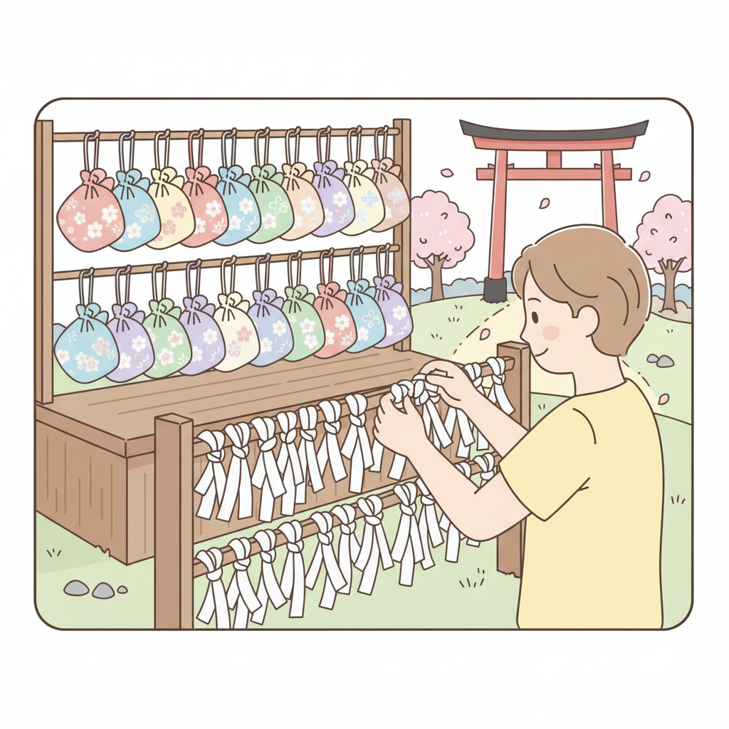 Omamori lucky charms and omikuji fortune slips at Japanese shrines