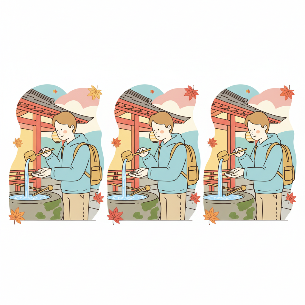 Temizuya purification ritual: washing hands at the water basin before entering a shrine