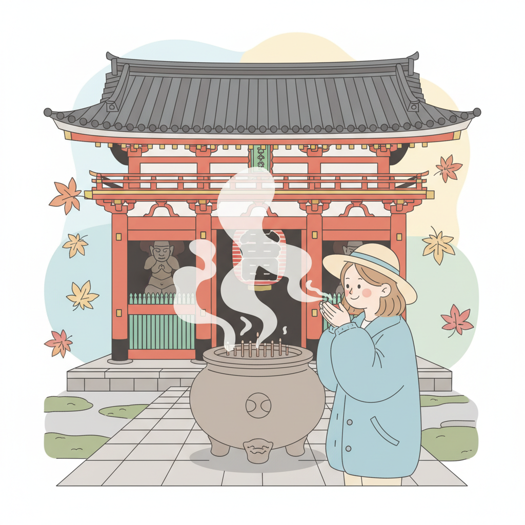 Buddhist temple etiquette: wafting incense smoke and offering prayers