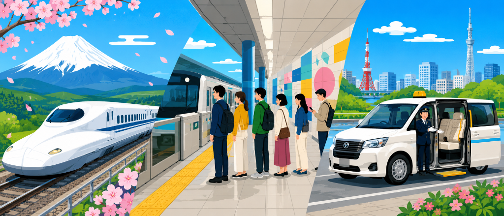 Shinkansen bullet train, people queuing at a subway platform, and a taxi with driver in Tokyo